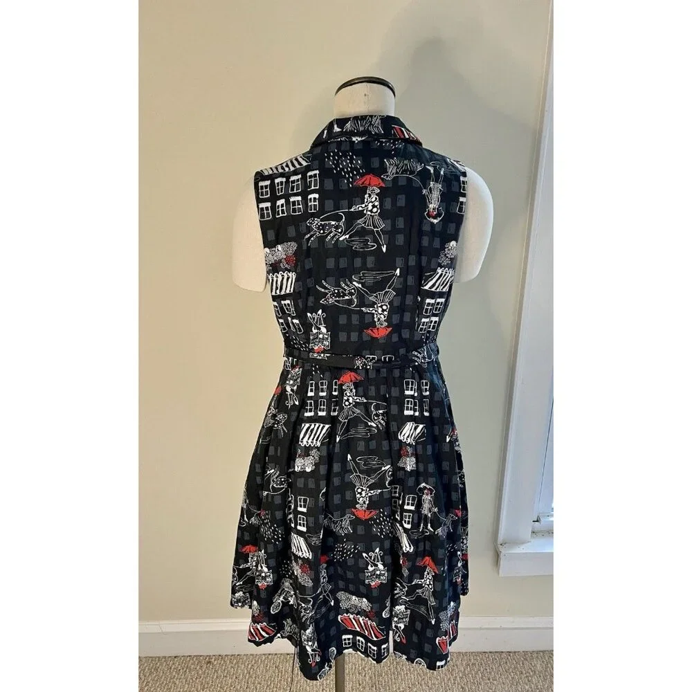 ModCloth Dress L Black Cotton Button Front Fit & Flare Novelty Print Belted - Picture 4 of 11
